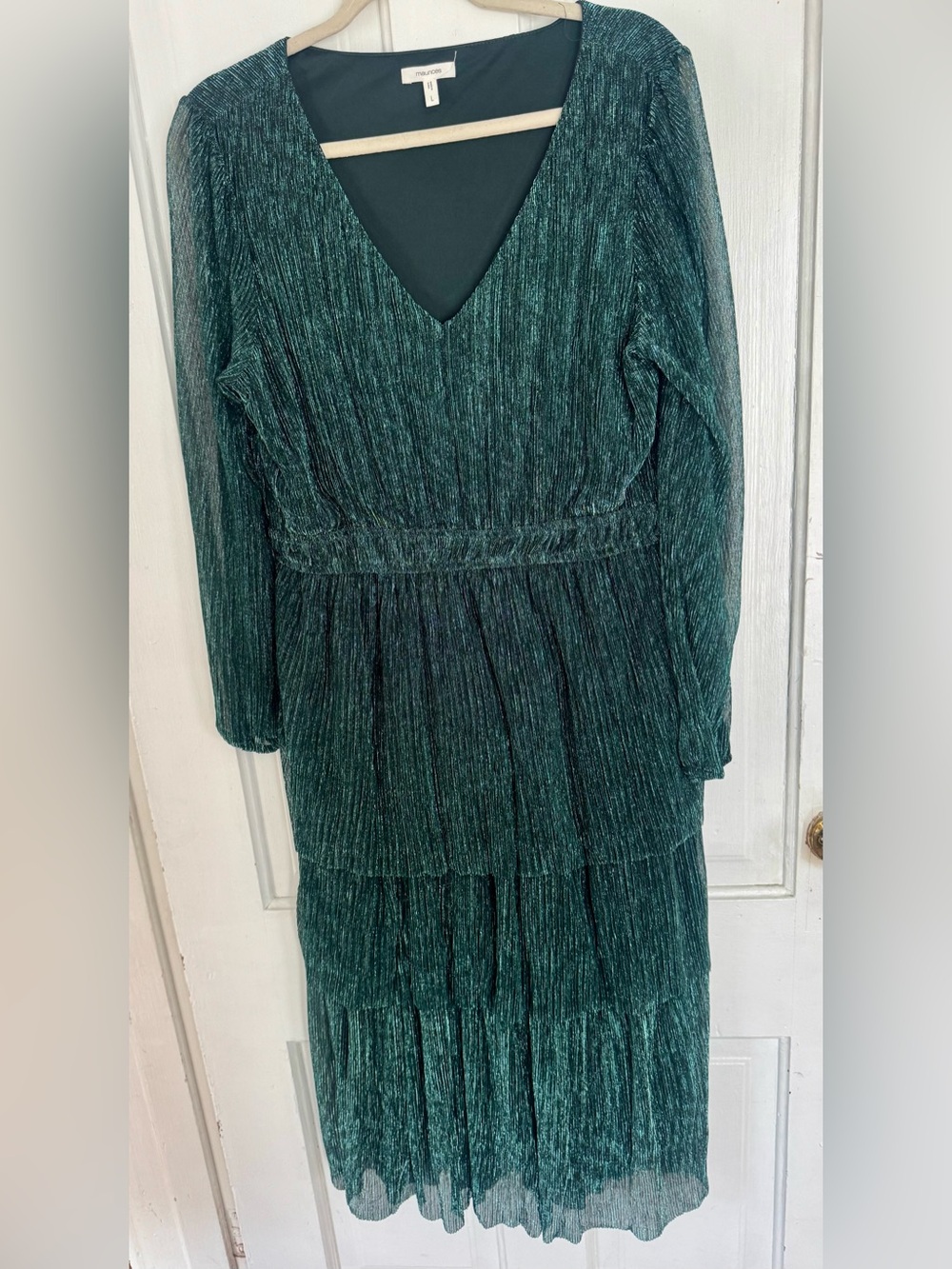 Maurices Shimmery Green V-Neck Pleated Long Sleeve Maxi Dress